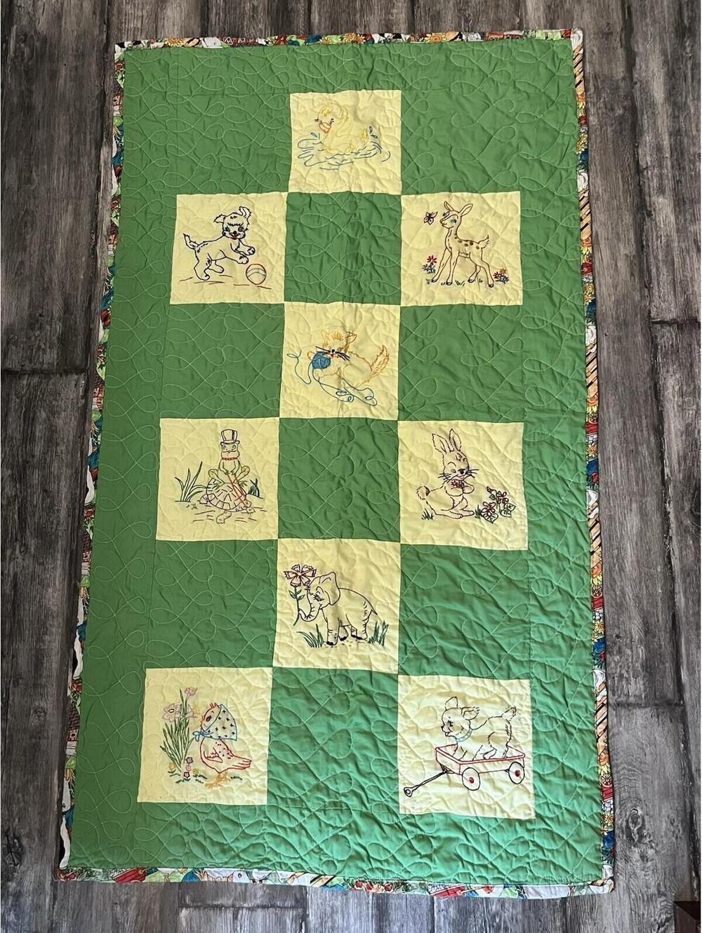 Green Handmade Patchwork Crib Quilt 33” X 57.5”